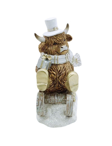 Figurina - Mucca delle Highlands su una slitta, circa 12 cm