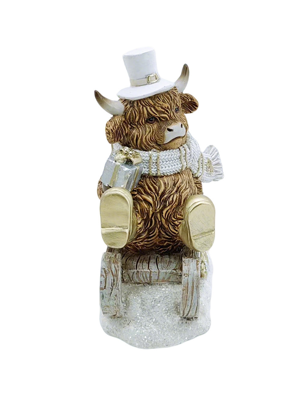 Figurina - Mucca delle Highlands su una slitta, circa 12 cm