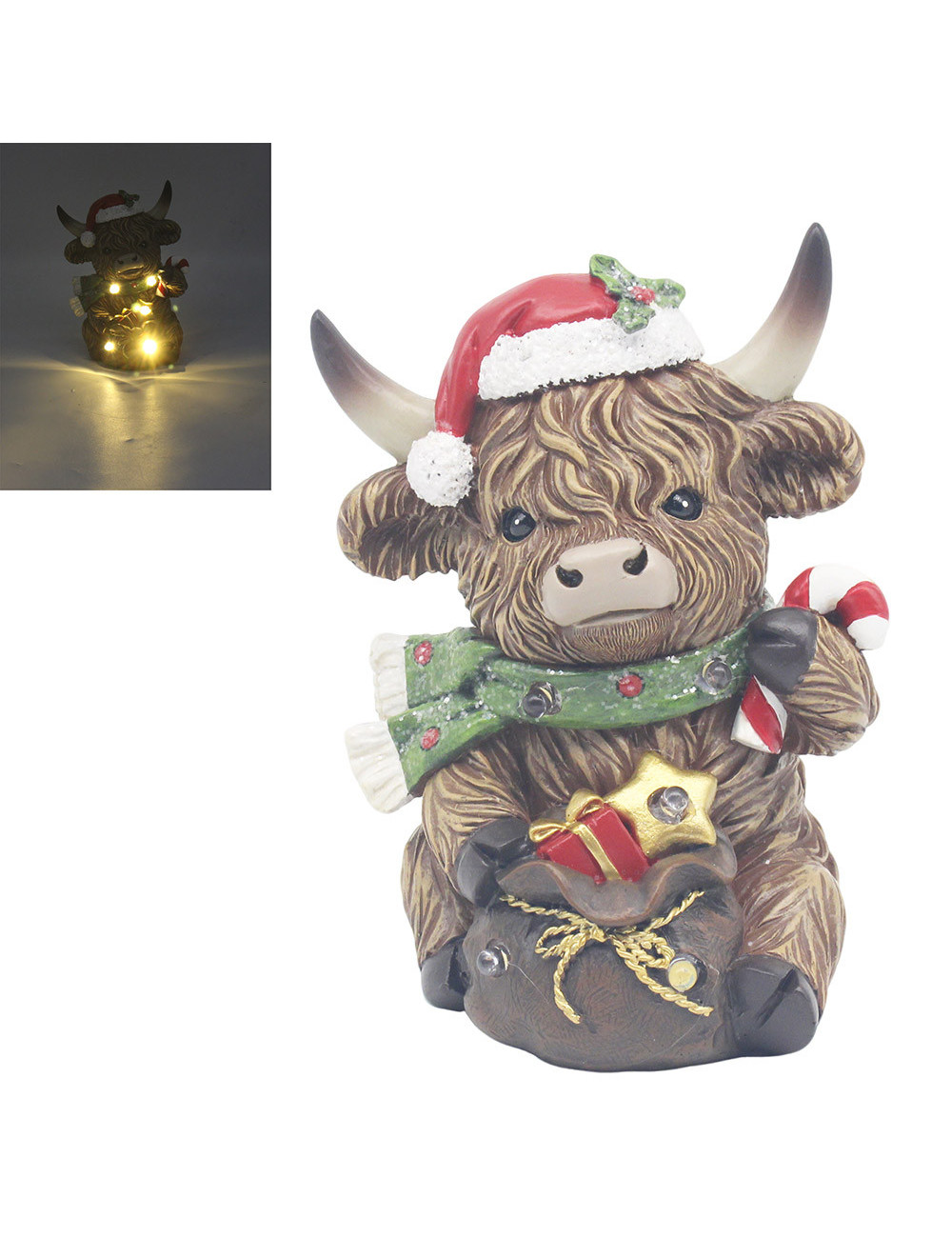Statuetta - Mucca delle Highlands con regali, circa 12 cm