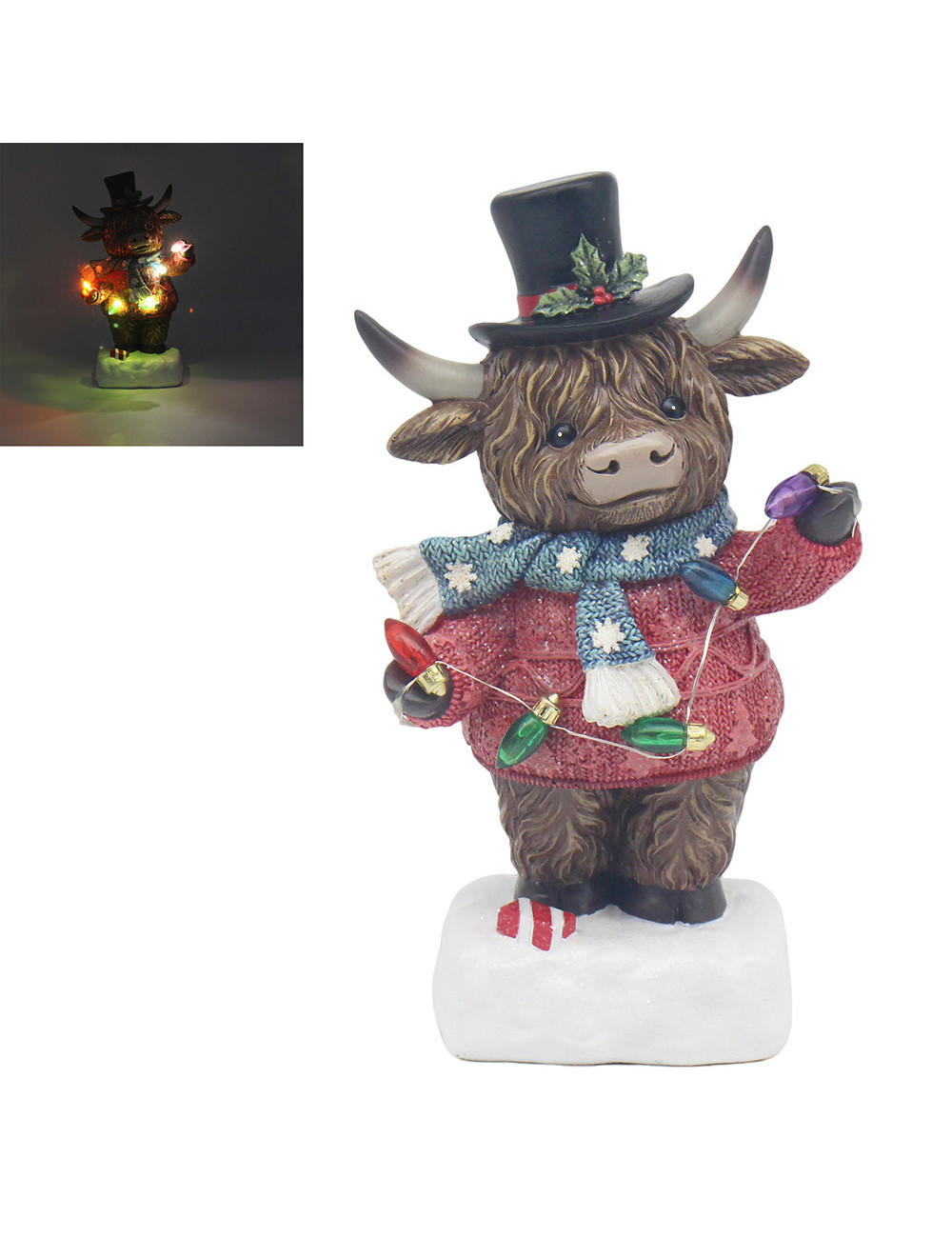 Mucca (ragazzo) delle Highlands con ghirlanda luminosa, circa 12 cm